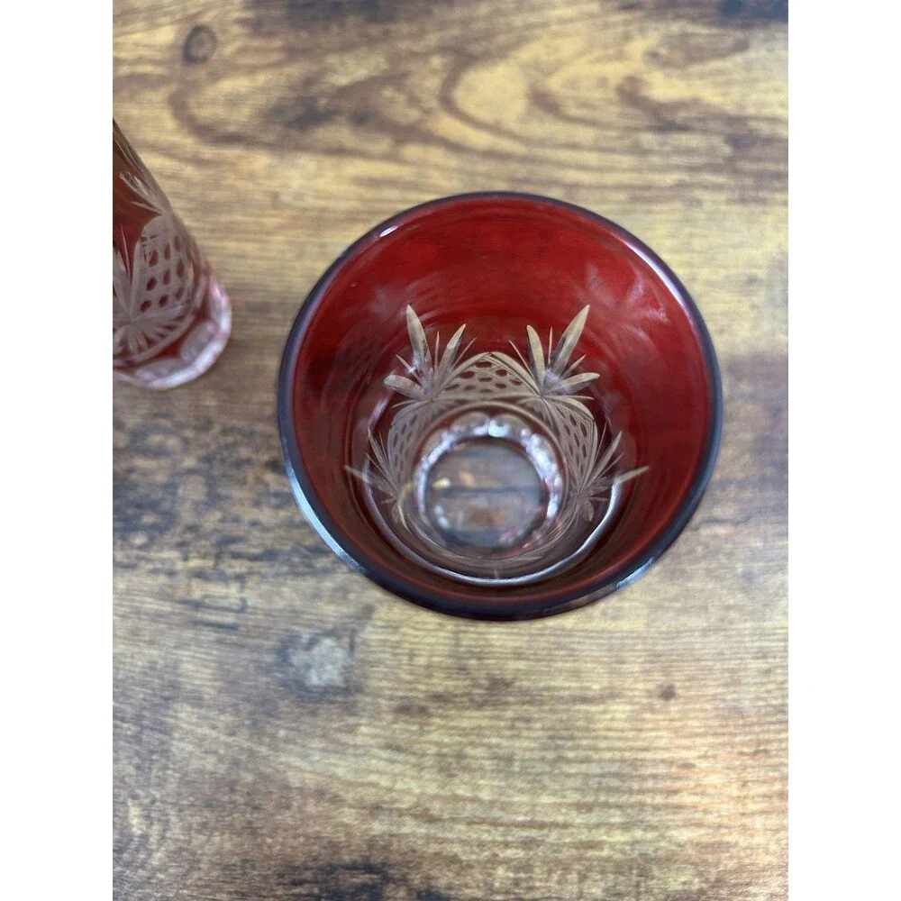Lot Of 3 Vintage Ruby Cut To Clear Cordial Glasses Candle Holder Decor Displays